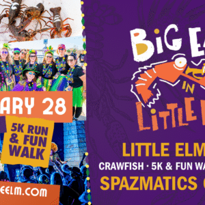 Vibrant Big Easy event poster for "Big Easy in Little Elm" at Little Elm Park on Feb 28, 5–9 p.m., featuring a festive 5K run, crawfish, fireworks, and a live Spazmatics concert.