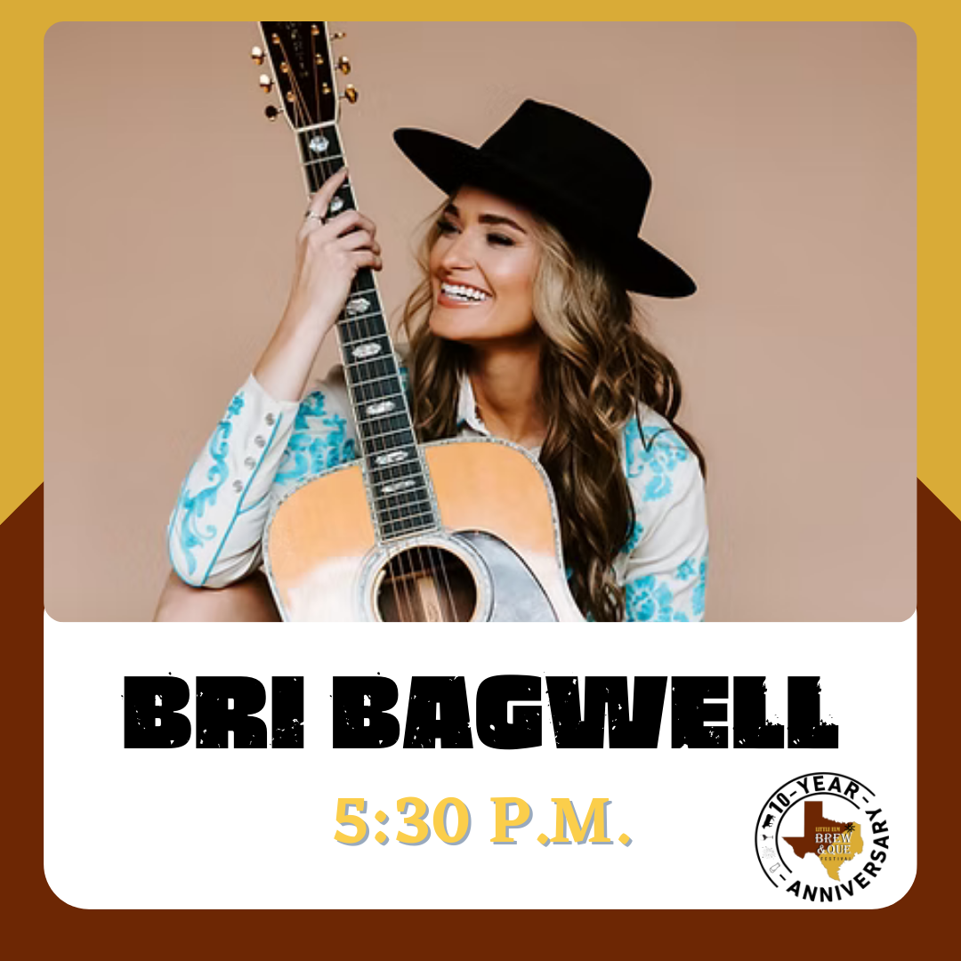 Woman holding an acoustic guitar, wearing a hat, smiling amid the Brew & Que festivities. Text: "BRI BAGWELL 5:30 P.M." with a 12-year anniversary badge.