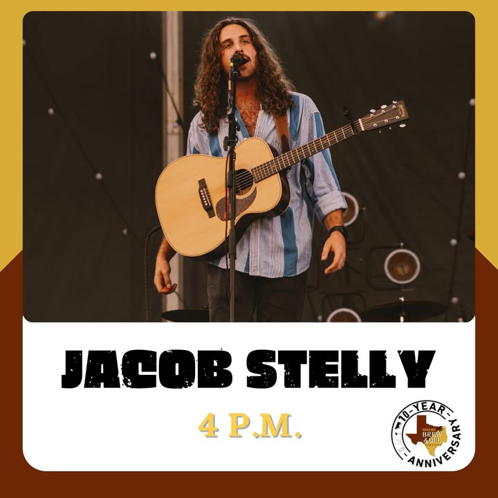 A musician with long hair plays an acoustic guitar, serenading the outdoor crowd sipping on beer at Brew & Que. Text overlay reads "Jacob Stelly, 4 P.M., 12-Year Anniversary.