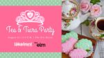 Invitation for a Tea & Tiara Party on August 16, 2-5 P.M. at The Elm Hotel, featuring a tea set, floral teacup, and decorated cookies. Event logos included.