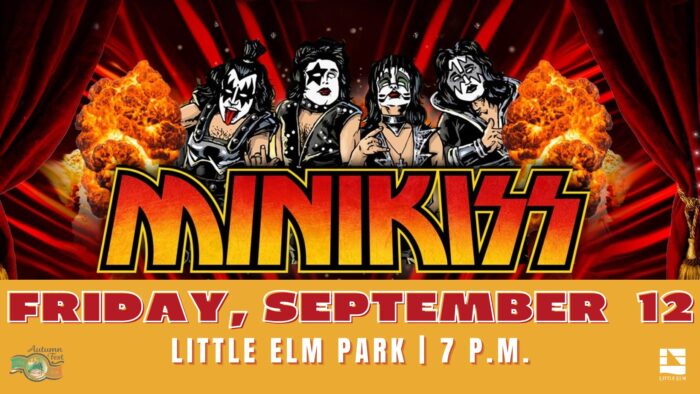 Four performers in black and white KISS-style makeup stand in front of fiery explosions with "MINIKISS" written below; event details: Friday, September 12, Little Elm Park, 7 p.m.