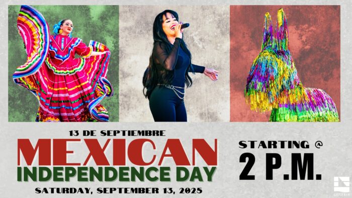 Event poster for Mexican Independence Day on Saturday, September 13, 2025 at 2 p.m., with images of a folkloric dancer, a singer, and a colorful piñata.
