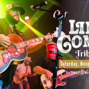 A musician plays an acoustic guitar on stage with band members; text promotes a "Like Combs Tribute" event on Saturday, November 8 at 7 p.m. in Little Elm, TX.