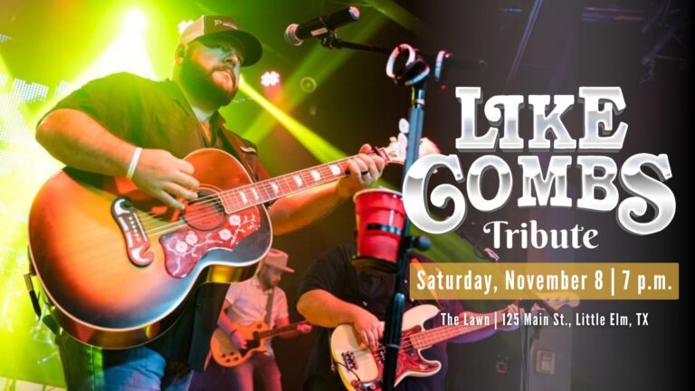 A musician plays an acoustic guitar on stage with band members; text promotes a "Like Combs Tribute" event on Saturday, November 8 at 7 p.m. in Little Elm, TX.