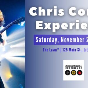 Musician on stage playing guitar with event details for "Chris Cornell Experience" on November 22 at 7 p.m. at The Lawn, 125 Main St., Little Elm, TX.