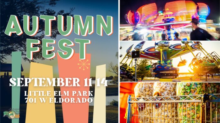 Autumn Fest event poster with dates September 11-14 at Little Elm Park, featuring carnival rides, food, and colorful lights.