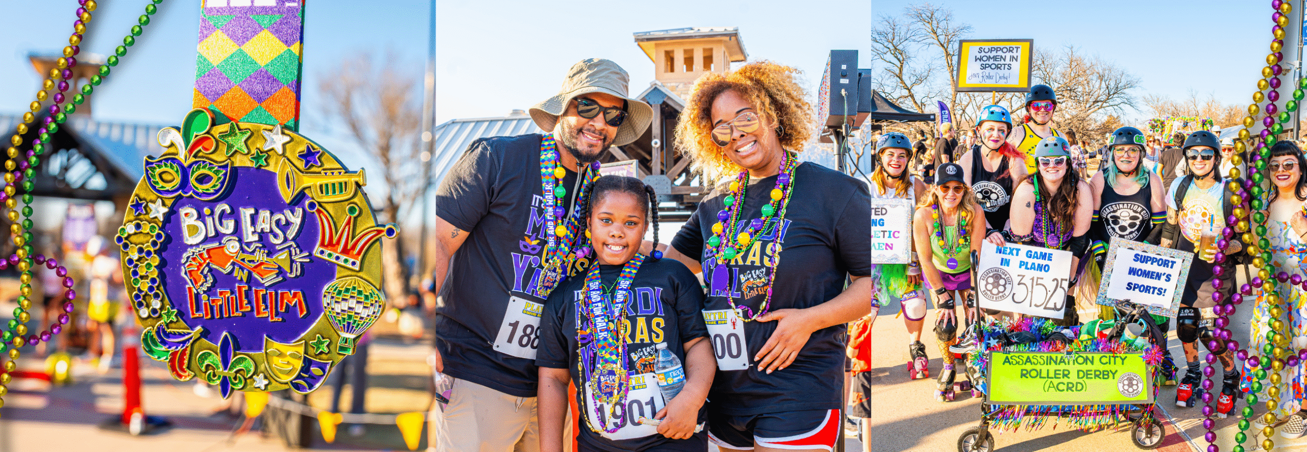 People at an outdoor event in the Big Easy wearing medals and colorful beads; close-up of a Mardi Gras-themed medal; group of roller derby participants holding supportive signs, capturing true Cajun spirit.