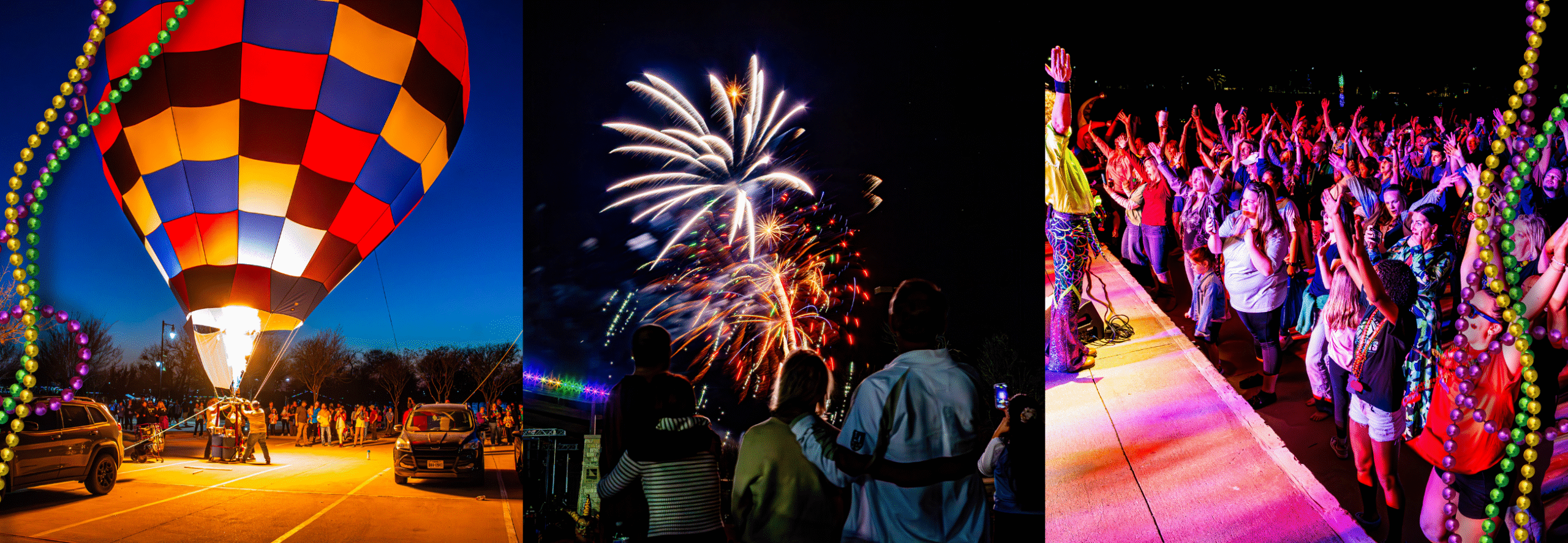 A hot air balloon inflates at dusk, people enjoy a cajun feast while watching fireworks at night, and a lively crowd in the Big Easy attends an outdoor concert.