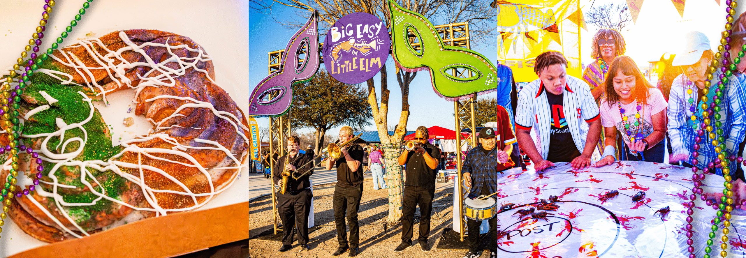 A collage shows a king cake, a marching band performing outdoors, and people gathered around a decorated table for a cajun crawfish boil at a lively Mardi Gras festival in the Big Easy.
