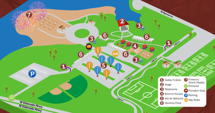 Map of an event venue with labeled locations for gates, stage, restrooms, bounce houses, hot air balloons, vendors, fireworks, parking, and other attractions.
