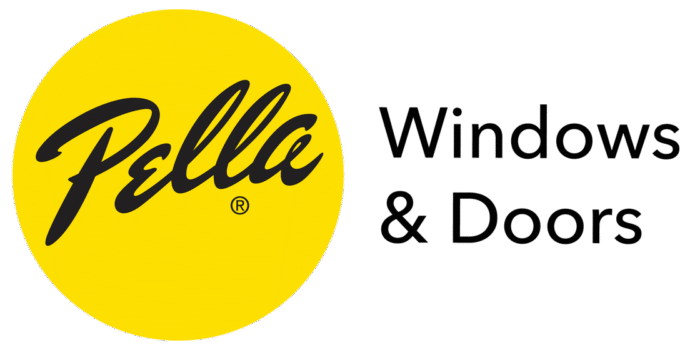 Pella Windows & Doors logo with "Pella" in script on a yellow circle and "Windows & Doors" in black text on a white background.