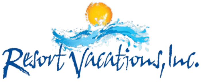 Logo for Resort Vacations, Inc. featuring stylized blue waves and a yellow sun above the company name in blue brushstroke-style text.