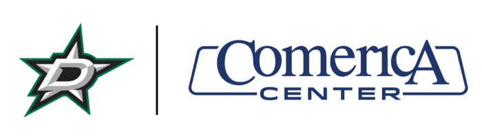 Dallas Stars logo next to Comerica Center logo, separated by a vertical line, on a white background.