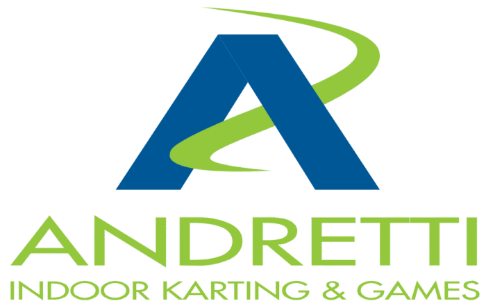 Logo for Andretti Indoor Karting & Games featuring a large blue "A" with a green curved line and the business name in green text beneath.
