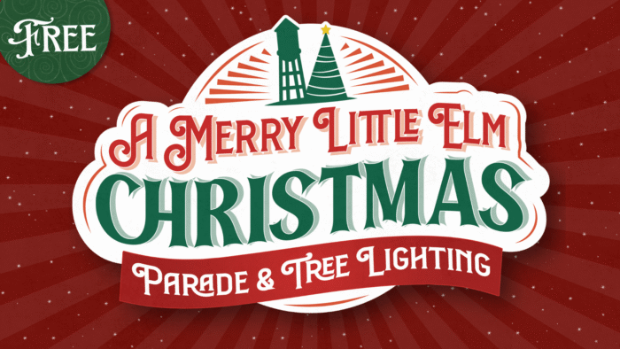 A sign reads "A Merry Little Elm Christmas Parade & Tree Lighting" with icons of a water tower and a tree; "Free" is written in a green circle on the top left.