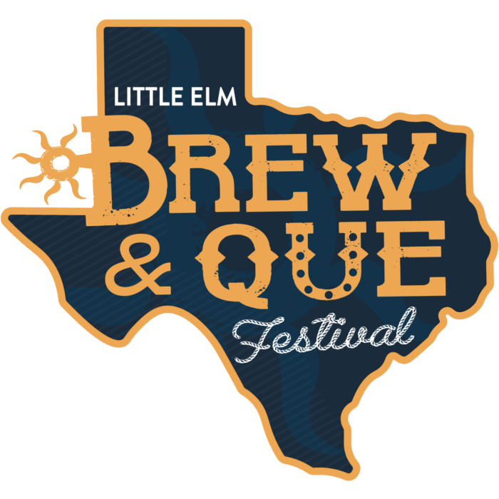 Logo for the Little Elm Brew & Que Festival featuring text on a stylized outline of Texas, with a decorative sun in the upper left corner—perfectly capturing the spirit of bbq and local beer.