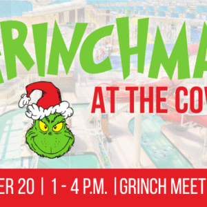 Event poster for "Grinchmas at The Cove" featuring the Grinch’s face in a Santa hat. Event is on December 20, 1–4 p.m., with a Grinch meet and greet at an indoor water park.