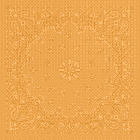 Orange bandana with a paisley pattern and floral motifs in the center, surrounded by decorative borders and intricate designs—perfect for your next Brew & Que, beer, or BBQ gathering.