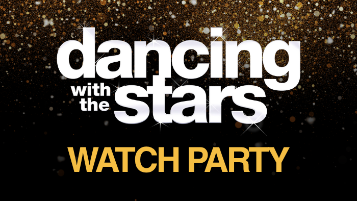 The "Dancing with the Stars Watch Party" logo with a black and gold glittery background.