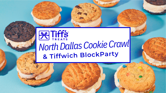 Assorted ice cream sandwiches, made with various cookies and ice cream flavors, are arranged on a bright blue background. A sign in the center reads: "Tiff's Treats North Dallas Cookie Crawl & Tiffwich Block Party.