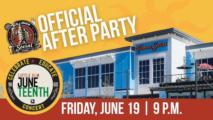 Image promoting the "Official After Party" at Hula Hut Little Elm. The background features a modern building with large windows. Text includes "Celebrate Educate Concert" and "Friday, June 19 | 9 P.M." on a red banner.