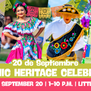 Festival poster featuring four performers in traditional and modern attire, including a musician playing a trumpet. Decorative banners and colorful backgrounds enhance the festive atmosphere. Text provides details: "20 de Septiembre, Hispanic Heritage Celebration, Sunday, September 20, 1–10 P.M., Little Elm Park.