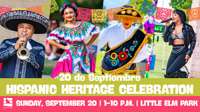 Festival poster featuring four performers in traditional and modern attire, including a musician playing a trumpet. Decorative banners and colorful backgrounds enhance the festive atmosphere. Text provides details: "20 de Septiembre, Hispanic Heritage Celebration, Sunday, September 20, 1–10 P.M., Little Elm Park.