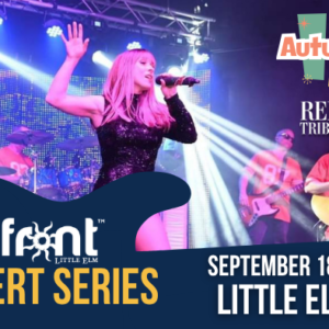 Concert at Little Elm Park featuring a "Reputation Tribute to Taylor." The stage is lit with colorful lights. A performer is singing with one hand raised, accompanied by a guitarist and drummer. The event is part of the Lakefront Concert Series and Autumn Fest on September 18 from 7-9 P.M.