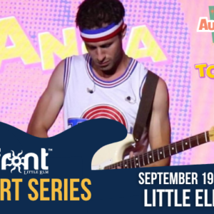 A musician plays an electric guitar on stage, wearing a colorful headband. The background displays the words "Autumn Fest" and "Topanga" in bold fonts. The event is the Lakefront Concert Series at Little Elm Park, scheduled for September 19, 7-9 P.M.