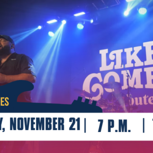 A performer is singing into a microphone on stage under bright lights. The backdrop has "Like Combs" written in large letters. The event is titled "Lakefront Concert Series" and details include "Saturday, November 21, 7 P.M., The Lawn." Logos for CWD and Huffines are visible.