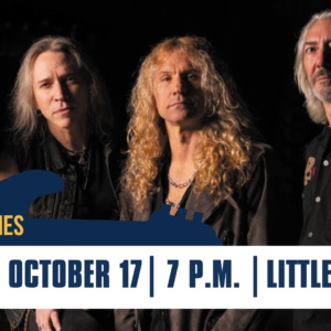 Four people stand together, all dressed in casual, dark clothing, with slightly serious expressions. The backdrop features logos for LC Rocks, Huffines, and CWD, with details about the Lakefront Concert Series at Little Elm Park on October 17 at 7 p.m.