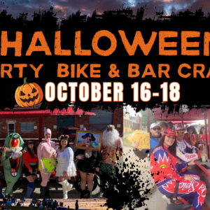 Halloween-themed event poster for a "Party Bike & Bar Crawl" from October 16‑18. The top features Halloween imagery against a dark sky. People in creative costumes are seen on a pedal‑powered bar. Lakefront Brewery logo is at the bottom right.