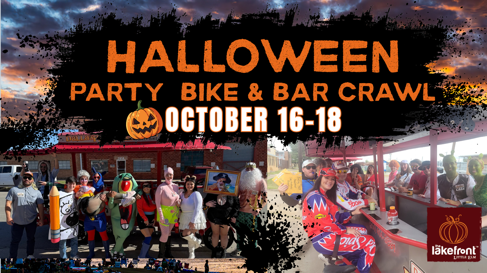 Halloween-themed event poster for a "Party Bike & Bar Crawl" from October 16‑18. The top features Halloween imagery against a dark sky. People in creative costumes are seen on a pedal‑powered bar. Lakefront Brewery logo is at the bottom right.