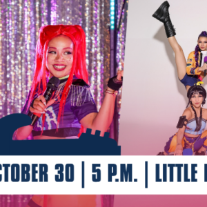 A promotional poster for the Lakefront Concert Series featuring three performers posing energetically. The background includes logos for CWD, Huffines, and House of Entertainment. The event details are "Nightmare Over Little Elm Park Trilogy," taking place on October 30 at 5 p.m. at Little Elm Park.