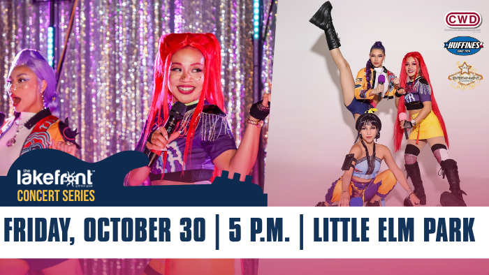 A promotional poster for the Lakefront Concert Series featuring three performers posing energetically. The background includes logos for CWD, Huffines, and House of Entertainment. The event details are "Nightmare Over Little Elm Park Trilogy," taking place on October 30 at 5 p.m. at Little Elm Park.