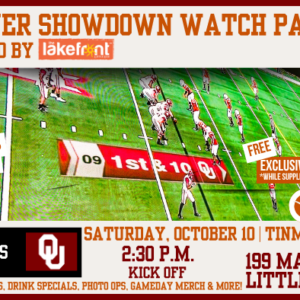 Promotional image for a "Red River Showdown Watch Party" presented by Lakefront at Tinman Social. Features a football field with Texas Longhorns vs Oklahoma Sooners logos. Event details are included, offering $3 drinks and shots, free exclusive gameday merchandise, and additional activities. Event date is Saturday, October 10, at 2:30 p.m. in Little Elm, TX.