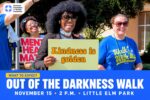 Out of the Darkness Walk event guide featuring the original community walk photo; November 15 at 2 p.m. in Little Elm Park.