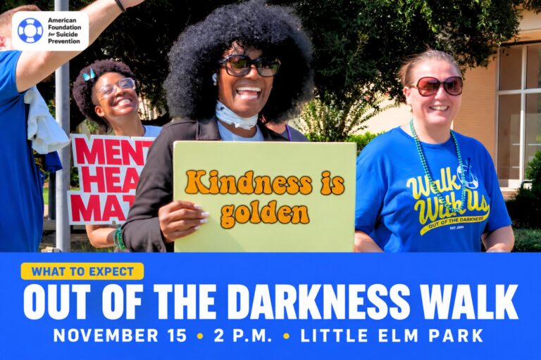 Out of the Darkness Walk event guide featuring the original community walk photo; November 15 at 2 p.m. in Little Elm Park.