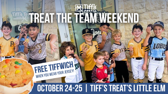 A group of smiling children wearing baseball uniforms stand holding cookies in front of a Tiff's Treats store. The image promotes "Treat the Team Weekend" with an offer for a free Tiffwich for those wearing a jersey. Dates mentioned are October 24-25 at Tiff's Treats Little Elm. A Tiffwich image is also shown.